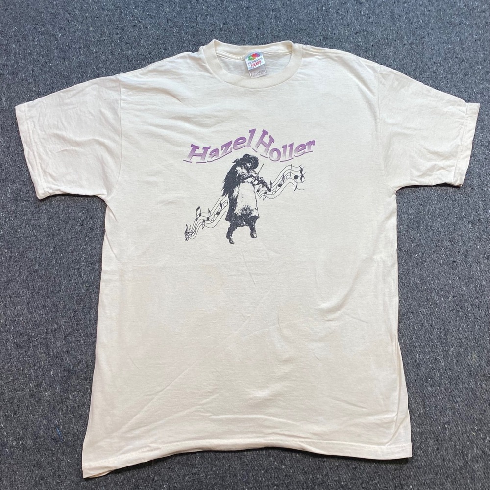 Hazel Holler Graphic TShirt Sz L Mens Cream Boho Indie Fiddle Signed Band Tee